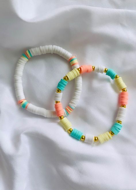 "Boardwalk Sunset" Clay Bead Bracelet Set  | eBay Clay Bead Aesthetic Ideas, Cute Bracelets Bead, Bracelet Pattern Ideas Beads, Preppy Beach Bracelets, Good Bracelet Business Names, Good Clay Bead Bracelet Ideas, Preppy Thread Bracelets, Bead Bracelets Clay, Bracelet Inspo Clay Beads Preppy