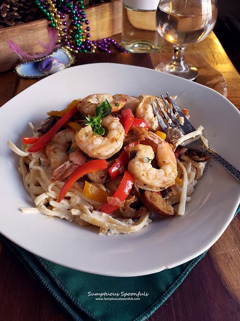 Shrimp & Andouille Voodoo Pasta #mardigras #BLM Voodoo Pasta Recipe, Voodoo Pasta, Cajun Restaurant, Louisiana Hot Sauce, Mini Sweet Peppers, Pasta Pot, Andouille Sausage, Andouille, Grass Fed Butter