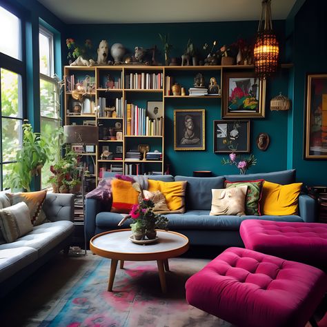 Maximalist Decor Grey Couch, Cosy Eclectic Home, Jewel Tone Couch Living Rooms, Bold Eclectic Living Room, Jewel Tone Maximalist Living Room, Jewel Colored Living Room, Interior Design Jewel Tones, Bold Eclectic Decor, Cozy Eccentric Living Room