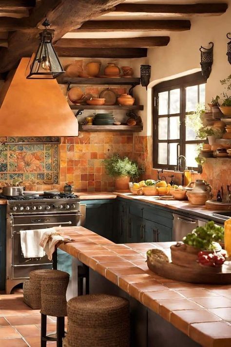 Kitchen Spanish Tiles, Italian Tiles Kitchen, Italian Countryside Kitchen, Meditterean Kitchen, Rustic Italian Decor Tuscan Style, Spanish Style Kitchen Mexican Hacienda, Spanish Villa Kitchen, Italian Kitchen Aesthetic, Tuscan Farmhouse Kitchen