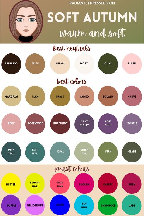 Fall Color Season, Soft Autumn Seasonal Color Palette, Kibbe Color Season, Different Autumn Color Palettes, Soft Autumn Colors To Avoid, Muted Soft Autumn Color Palette, Soft Autumn Color Pallete, Tinted Autumn Color Palette, Autumn Season Color Palette Outfits