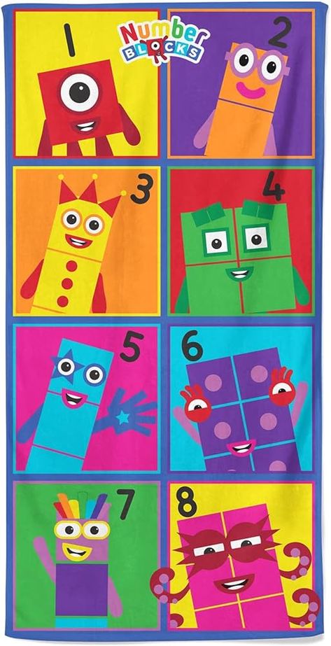 Official Numberblocks Beach Towel - Meet the Numberblocks Design - 70 x 140cm - 100% Cotton, SIngle Beach Towel : Amazon.co.uk: Home & Kitchen Number Blocks, Kids Themed Birthday Parties, Baby D, Small Blankets, Baby Blocks, 6th Birthday Parties, Towels Design, Baby Party, 7th Birthday