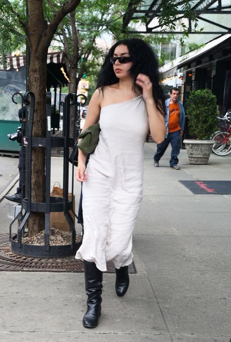 Charli XCX in NYC, June 11, 2024 ◾️▪️🤍▪️◾️ Dress And Black Boots, Hyper Pop, One Shoulder White Dress, Wife Style, Tuesday Afternoon, Black Shades, One Shoulder Midi Dress, Green Handbag, Charli Xcx