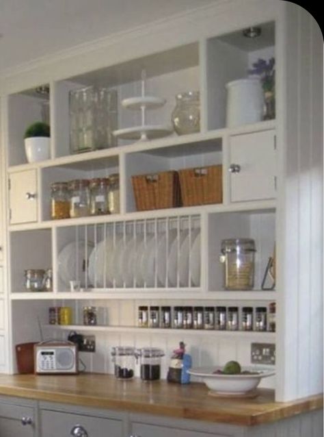 Doorless Kitchen Cabinets, Cottagecore Interior, Pantry Closet Design, Blue Kitchen Designs, Kitchen Renovation Inspiration, Built In Shelves Living Room, Beach House Kitchens, Diy Kitchen Renovation, Small Kitchen Decor