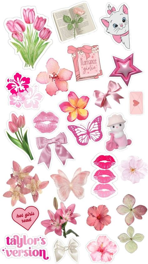 Pink Journal Design Ideas, Pink Aesthetic Clipart, Coquette Scrapbook Design Ideas, Pink Journal Aesthetic Stickers, Making Flower Stickers, Aesthetic Scrapbook Ideas Pink, Aesthetic Design For Scrapbook Pink, Cute Sticker Collage, Pink Printable Stickers For Journal