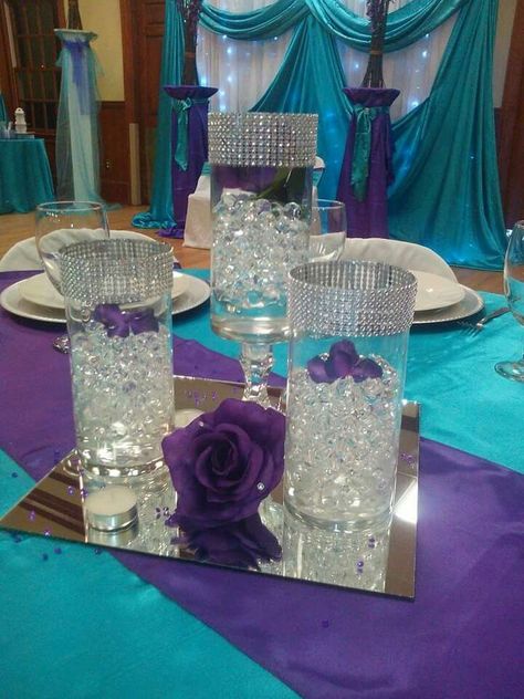 Teal And Purple Wedding Decorations, Purple Wedding Ideas On A Budget, Teal Table Decorations, Purple Teal Wedding, Purple Turquoise Wedding, Peacock Wedding Theme, Purple Wedding Theme, Purple Birthday, Teal Wedding