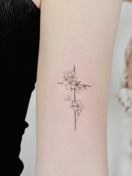 Minimalist Cherry Blossom Tattoo Cross With Cherry Blossom Tattoo, Rose Of Sharon Tattoo Design, Cherry Blossom Tattoo Minimalist, Minimalist Cross Tattoo, Minimalist Cherry Blossom, Sister Tats, Cherry Blossom Tattoos, Sparrow Tattoo Design, Cherry Blossom Tree Tattoo