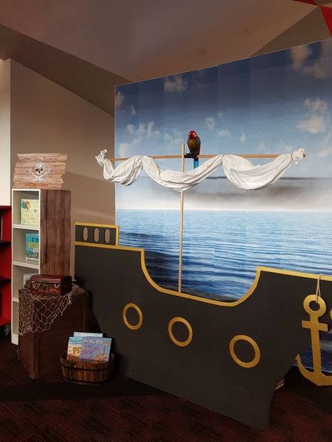 Pirate Ships Diy, Cardboard Pirate Ship, Pirate Themed Birthday, Pirate Decor, Pirates Life, Vbs Themes, Candy Land Christmas Door, Pirate Theme Party, Pirate Halloween