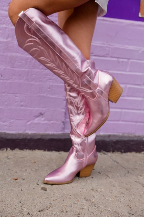 Details Metallic Pink boots Faux leather fabric Pointed toe with a taller length Pair these cute boots with a mini skirt and sweater Heel Height: 2.5" Shaft height 17" Circumference 10" Material and Care Made of all manmade materials. Dry sponge clean. Colors will vary from different devices. If you are returning a pair of shoes: Shoe boxes must be encased in another box for shipping to protect the items. If you send shoes back with stickers and return labels directly on the box, or if the shoe Metallic Pink Cowboy Boots, Outfit Botas Vaqueras, Mini Skirt And Sweater, Pink Cowboy Boot, Skirt And Sweater, Eras Outfit, Pink Cowboy Boots, Outfit Botas, Cocktail Dress Wedding Guest