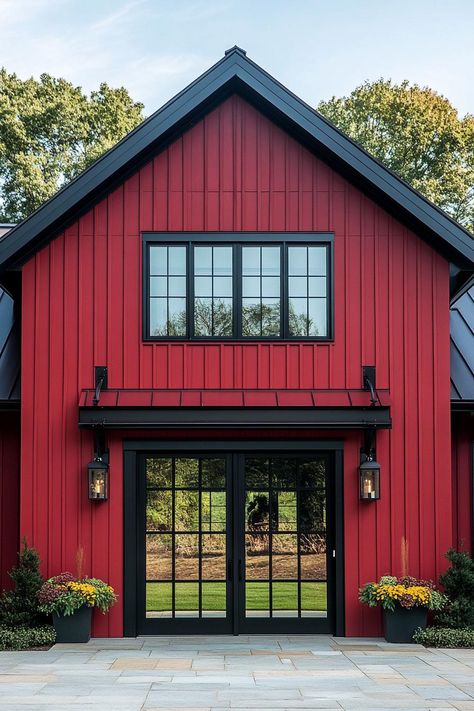 40 Stunning Barn Style Houses Red House Exterior Farmhouse, Barn Exterior Colors, Black Barn Doors, Red Barn House, Modern Barn Style, Small Barn House, Barn Remodel, Green Farmhouse, Sustainable House Design