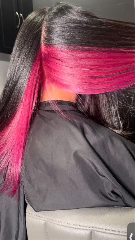 Burgundy Hair Peekaboo, Color Combinations Hair, Pink Peak A Boo Black Hair, Brown And Pink Skunk Stripe Hair, Pink And Black Dyed Hair, Pink Skunk Hair On Brown Hair, Dyed Hair Straight, Snuck Strips Hair, Dye Colors