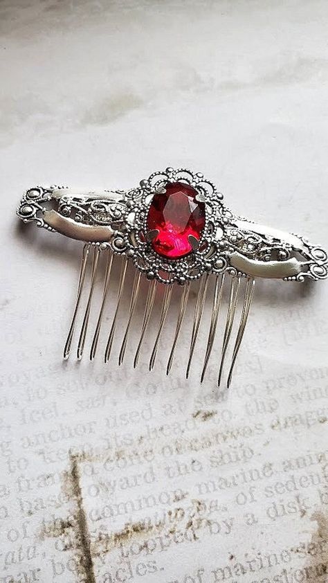 Ruby Hair Comb ♥Ornately Beautiful Silver Haircomb  ♥Red Glass Stone  ☻Link to More Hair Accessories: https://www.etsy.com/shop/FashionCrashJewelry?ref=profile_header&search_query=hair+accessories ☻Link to The ENTIRE SHOP: https://www.etsy.com/shop/FashionCrashJewelry?ref=shopsection_shophome_leftnav&ga_search_query=crystal%2Bnecklace Our Motto ~ Happy Customers Are Awesome Let us know of any problems or concerns with purchases. 5star reviews and positive comments are greatly appreciated, they h Ruby Hair Accessories, Red Hair Jewelry, Ruby Hair Clip, Dream Core Aesthetic, Ruby Accessories, Burgundy Hair Accessories, Ruby Hair, Red Hair Accessories, Hair Accessories Red