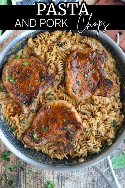 This pasta and pork chops recipe is a hearty, delicious meal that satisfies the whole family. Tender, juicy, seasoned pork chops cooked in the air fryer until golden, then they're paired with gluten free fusilli in a rich, creamy sauce loaded with spinach, parmesan cheese, and spices for an easy weeknight meal. Pork Chop And Pasta Recipes Dinners, Pork Chops And Pasta Dinners, Pork Chop And Noodle Recipes, Pasta With Pork Chops, Pork Chops And Noodles Recipes, Pork Chop And Pasta Recipes, Pork Chop Pasta Recipes, Pork Chop And Pasta, Gluten Free Pork Chop Recipes