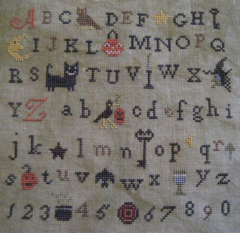 Hallow Sampler by Primitive Needle Alphabet Sampler Embroidery, Halloween Sampler Cross Stitch, Halloween Sampler Quilt, Cross Stitch Alphabet Patterns, The Primitive Needle Cross Stitch Gallery.ru, Halloween Cross Stitch Patterns, Antique Samplers, Halloween Cross Stitches, Cross Stitch Alphabet