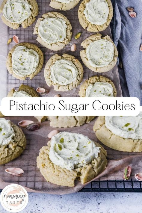 A cooling rack with pistachio sugar cookies all laid out and one close up of the soft cookie and the buttercream on top Pistachio Linzer Cookies, Pistachio Sandwich Cookies, Pistachio Sugar Cookies, Pistachio Christmas Cookies, Pistachio Butter Cookies, Pistachio Cream Cookies, Pistachio Buttercream, Pistachio Pie, Pistachio Pudding Cookies