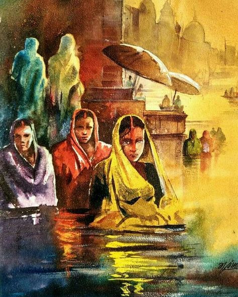 Festival Painting Watercolor, Chat Puja Drawing, Chat Puja, Competition Drawing, Subject Drawing, Banaras Ghat, Figurative Composition, Color Wheel Art Projects, Watercolor Composition