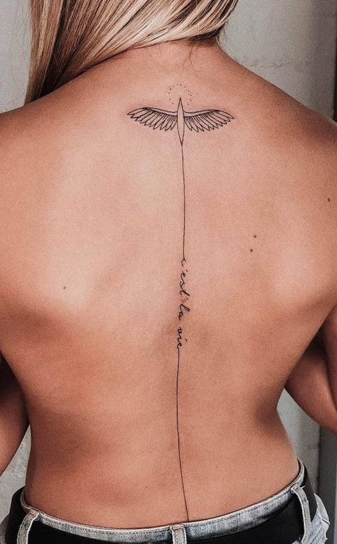 Flower Up Spine Tattoo, Back Arrow Tattoo, Tattoo Woman Back Spine, Spine Quote Tattoos For Women Scripts, Dainty Spinal Tattoo Women, Celtic Spine Tattoos For Women, Back Necklace Tattoo, Back Tattoos With Flowers, Memorial Back Tattoos