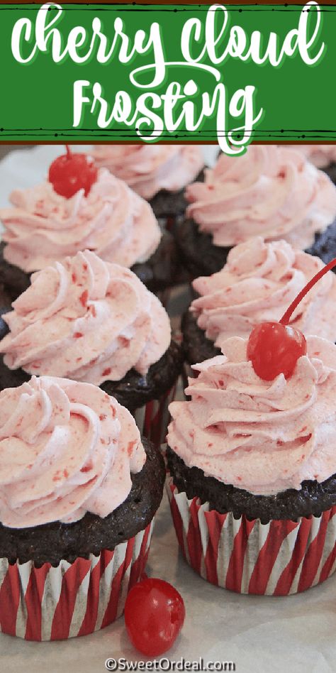 Cherry Icing Recipe, Cherry Whipped Cream Frosting, Cherry Mousse Filling, Cherry Frosting Recipe, Cherry Cream Cheese Frosting, Cherry Buttercream Frosting, Cherry Icing, Cloud Frosting, Chocolate Cherry Cupcakes