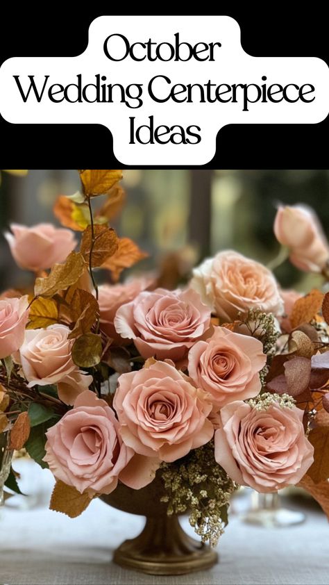 Blush pink roses and leaves arranged in an elegant fall wedding centerpiece on a table. Fall Floral Centerpieces For Table, Pink Fall Flower Arrangements, Autum Flowers Centerpieces, October Wedding Reception, Pink Fall Floral Arrangement, Fall Arrangements Floral Design, October Wedding Centerpieces, Shades Of Pink Floral Centerpiece, Vintage Book Centerpiece