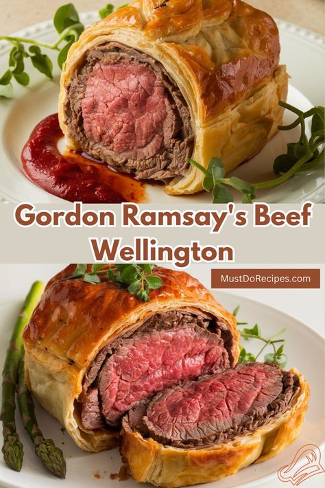 Master the art of Gordon Ramsay’s Beef Wellington! With step-by-step guidance, make a savory masterpiece that’s as impressive as it is delicious, featuring beef, mushroom duxelles, prosciutto, and golden pastry. Beef Wellington Gordon Ramsay, Beef Wellington Sauce, Gordon Ramsey Beef Wellington, Best Beef Wellington Recipe, Meatloaf Wellington, Gordon Ramsay Dishes, Gordon Ramsay Beef Wellington, Gordon Ramsey Recipes, Wellington Recipe