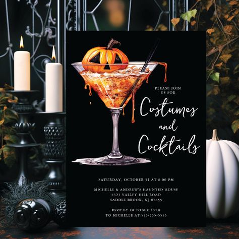 This festive invitation features a jack-o'-lantern Halloween cocktail. The words "costumes and cocktails" are written in a fun script font. It's the perfect way to invite your friends to a spooky-sweet Halloween party where they can come dressed up in their costumes and enjoy a delicious Halloween cocktail. Halloween Cocktail Party Invitations, Unique Halloween Party Ideas, Cocktails Birthday, Scary Halloween Invitations, Costumes And Cocktails, Ornament Printable, Festive Invitation, Halloween Birthday Party Ideas, Cocktail Halloween