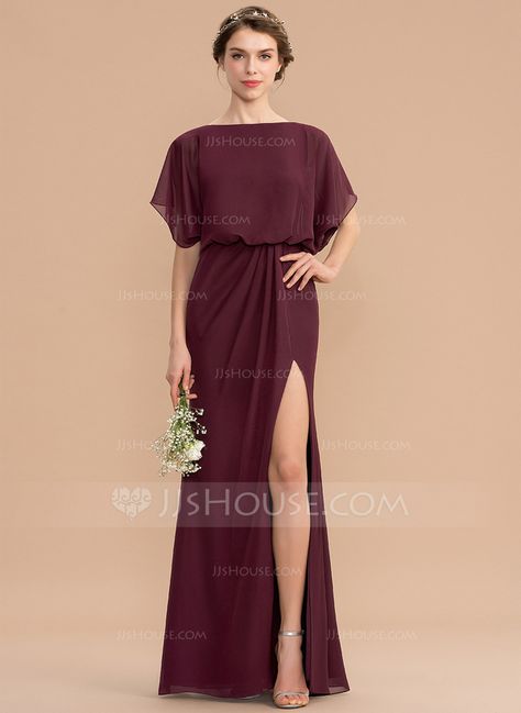 Sheath/Column Scoop Neck Floor-Length Chiffon Bridesmaid Dress With Ruffle Split Front (007176775) - Bridesmaid Dresses - JJ's House Bridesmaid Dress Summer, Dark Green Bridesmaid Dress, Summer Bridesmaid Dresses, Wedding Dress Organza, Floor Length Chiffon Bridesmaid Dresses, Satin Cocktail Dress, Bridesmaid Dress Styles, Lilac Dress, Chiffon Bridesmaid Dress