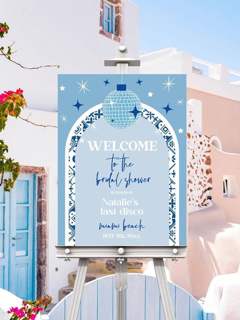 Blue Tile Mamma Mia Hen Party welcome sign, Santorini hen sign printable, editable greek Spanish Mediterranean disco hens easel poster DX Mama Mia Bid Day Theme, Mediterranean Party Theme, Mama Mia Bridal Shower Theme, Mamma Mia Bridal Shower Theme, Disco Hens, Santorini Party, Mamma Mia Wedding, Mediterranean Party, Library Shop