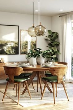 The soft beige walls are accented with a stylish mirror and framed artwork, while a classic chandelier provides warm lighting. With touches of greenery and candles, this dining room is perfect for gatherings or relaxed meals. #DiningRoomDecor #FarmhouseStyle #CozyInteriors #HomeDecor #ElegantSpaces Dining Room Lighting Over Table Ideas, Light Fixture Dining Table, Scandi Boho Dining Room, Eclectic Boho Dining Room, Mid Century Modern Boho Dining Room, Mid Century Table Setting, Modern Kitchen And Dining Room Ideas, Modern Cozy Dining Room, Minimalist Dining Room Light Fixture