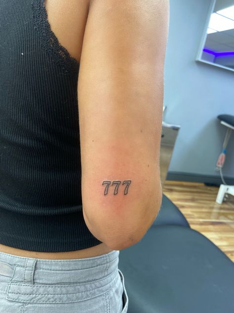 444 Tattoo On Collarbone, Angel Numbers 777 Tattoo, Tattoo On Back Of Elbow, 444 On Back Of Arm, 777 Arm Tattoo, 777 Tattoo Outline, 777 Tattoo Back Of Arm, 444 Tattoo Back Of Neck, 777 Tattoos