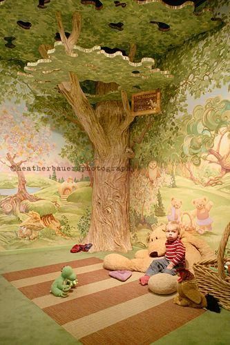 8 Fabulous Fairy Tale Bedroom Inspirations Fairytale Bedroom, 100 Acre Wood, Winnie The Pooh Nursery, Green Ideas, Tree Mural, Dream Nurseries, Child Room, Green Carpet, Reading Corner