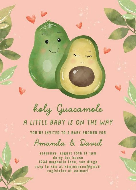 Avocado Gender Reveal Ideas, Avocado Themed Baby Shower Ideas, Avocado Gender Reveal, Avocado Baby Shower Theme, Diy Baby Shower Invitations, Avocado Stuff, Avocado Theme, Avocado Party, Baby Shower Greetings