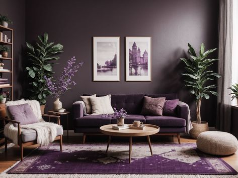 Purple Passion . . . . . . #holisticinteriordesigns #holistichomestyling #mindfulhomestyling #interiorstyling #digitaldesign #digitalhomedesign #aidesign #moodyinteriors #moodyhomedecor #livingroominterior #moodylivingroominspo Deep Purple Living Room Ideas, Living Room Purple Wall, Modern Purple Living Room, Dark Purple Sofa Living Room Ideas, Modern Bohemian Office, Purple Moody Living Room, Dark Purple Living Room, Purple Office Ideas, Moody Feminine