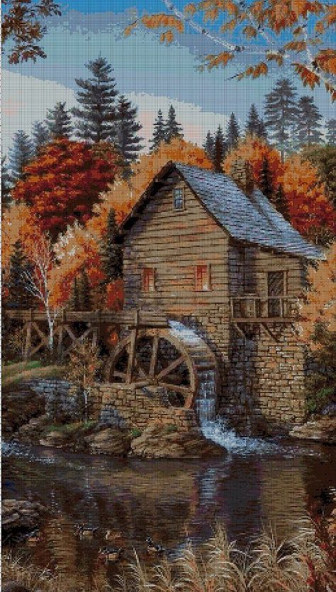 Counted Cross Stitch Patterns Free, Unicorn Cross Stitch Pattern, Cross Stitch Pattern Maker, Digital Computer, Stitch Halloween, Cross Stitch House, Cross Stitch Landscape, Nature Cross Stitch, Water Mill