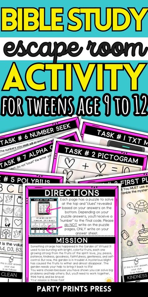 Bible Study Escape Room Activity For Tweens Age 9 To 12 - Looking for a  fun and interactive way to engage your tween in Bible st Middle School Bible Activities, Bible Escape Room Ideas, Bible Study Activities For Youth, Escape Room Ideas For Teens, Lds Escape Room Activity, Free Bible Escape Room Printable, Escape Room Bible Theme, Bible Escape Room, Confirmation Retreat