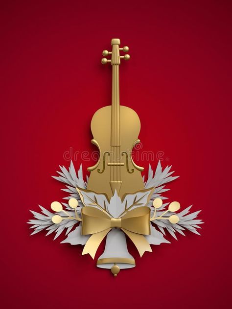 Golden Bow, Floral Decoration, Christmas Floral, 3d Render, Red Background, Floral Decor, Paper Craft, Violin, Musical Instruments