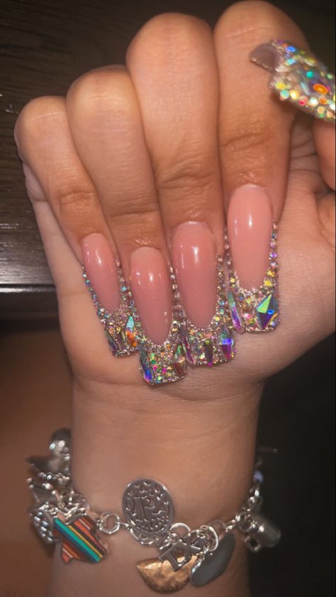 Studded French Tip Nails, French Tips Birthday Nails, Rhine Stone French Tip Nails, Diamond French Tip Nails Rhinestones, French Tip Crystal Nails, Gems On French Tips, Gold French Tip Nails With Gems, Rinstone Nails French Tip, Gem Tip Nails