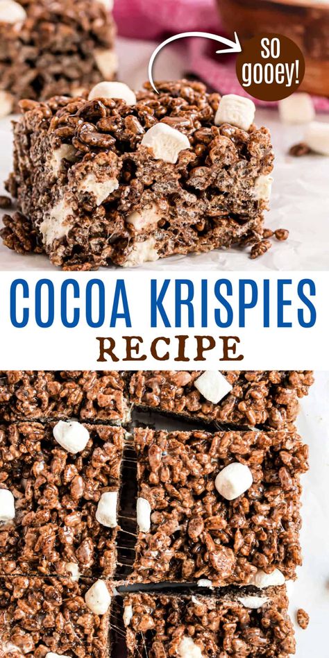 Coco Krispie Treats, Hot Cocoa Rice Krispie Treats, Cereal Rice Krispie Treats, Cocoa Krispie Treats Recipes, Brownie With Marshmallow And Rice Krispies, Brownie Rice Krispie Marshmallow, Cocoa Crispy Treats, Rice Crispy Treats With Chocolate On Top, Kid Friendly Desserts