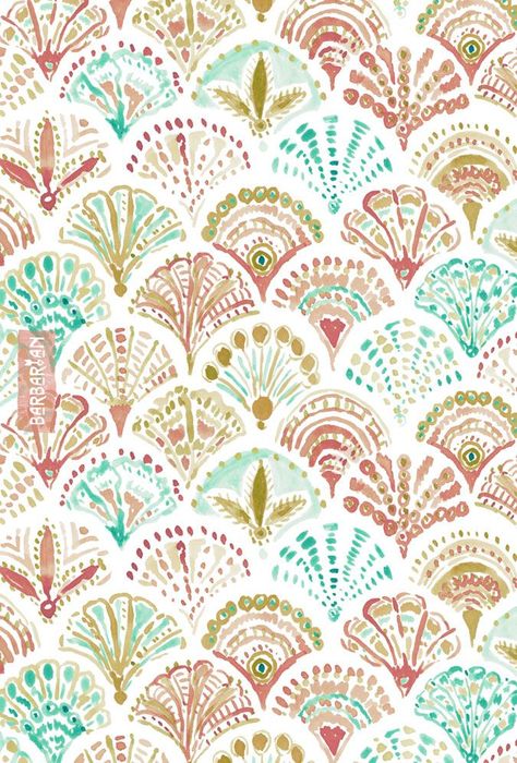 What the shell! This mermaid print is the shelliest one thus far. Sand dollars, clam shells and shells I just made up appear in a decorative fashion. I am a shell out and am completely OK with it. #beachdecor #mermaidprint Seashell Pattern Wallpaper, Shell Pattern Design, Boho Prints Pattern, Shells Watercolor, Barbra Ignatiev, Boho Background, Clam Shells, Boho Prints, Prints And Patterns