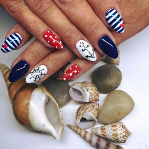 More Cruise Ship Inspired Nails, Cruise Nail Art Designs, Bright Fun Summer Nails, Boat Nail Art, Cruise Design Nails, New England Nails, Yacht Nails, Carnival Cruise Nails Designs, Boating Nails