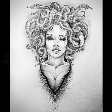 Black face, red lips green snakes Woman Tattoo Sketch, Gorgon Tattoo, Medusa Drawing, Gorgon Medusa, Medusa Tattoo Design, Serpent Tattoo, Medusa Art, Kunst Tattoos, Greek Mythology Tattoos