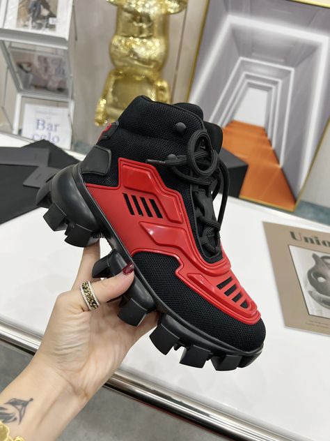 Prada Cloudbust Thunder High-Top Sneakers Red/Black For Women 1.9in/50mm Prada  Check more at https://luxurbags.com/products/prd-cloudbust-thunder-high-top-sneakers-red-black-for-women-1-9in-50mm-prd/ Prada Cloudbust Thunder Sneakers, Prada Cloudbust Thunder, Cloudbust Thunder, Prada Cloudbust, Prada Fashion, Trainers Fashion, Dad Shoes, Fabric Shoes, 2021 Fashion