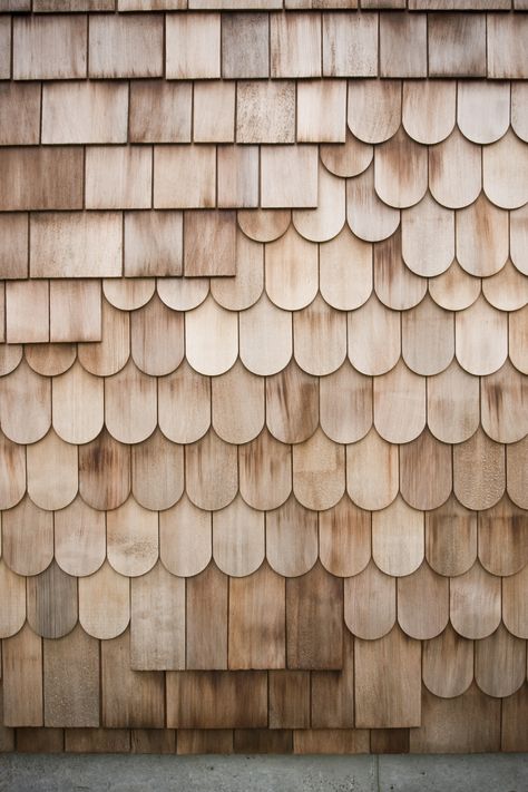 A mix of red cedar shingles and scales make of the exterior. The design is intended to be a Wood Cladding Interior, Roof Section, Types Of Siding, Wood Shingles, Cedar Shingles, Into The Wood, Wood Cladding, Exterior Cladding, Exterior Wood