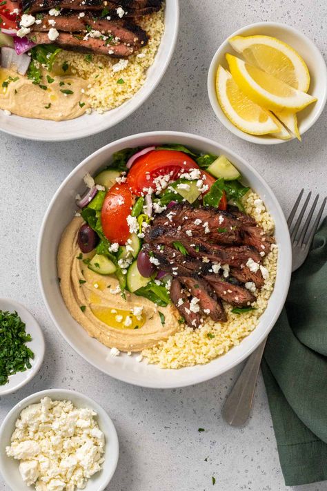 Steak Protein Bowl, Mediterranean Steak, 35 Grams Of Protein, Steak Bowls, Kay Nutrition, Steak Bowl, Mediterranean Couscous, Creamy Hummus, Healthy Dinner Ideas