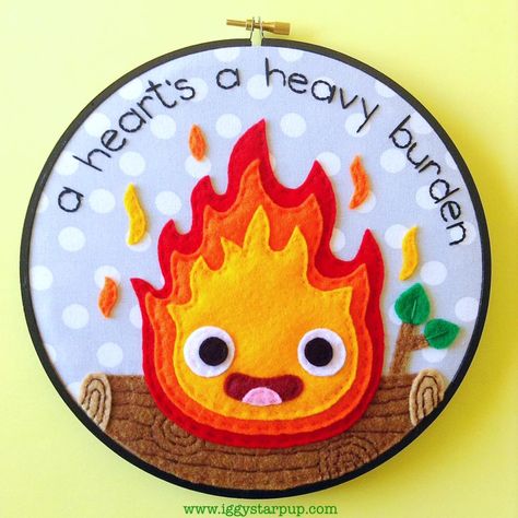 Calcifer Embroidery, 2017 (SOLD) Studio Ghibli Crafts, Heavy Burden, Sewing Stuffed Animals, Felt Embroidery, Anime Crafts, Crafty Craft, Felt Diy, Felt Toys, Embroidery Inspiration