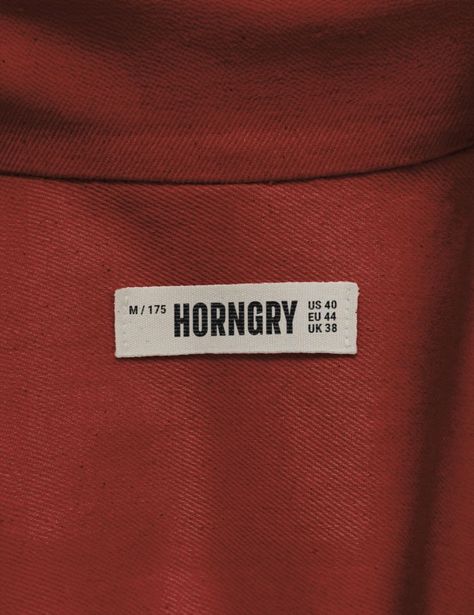 Horngry | Clothing brand identity Clothing Brand Typography, Logos Clothing Brand, Cloth Tag Design, Packaging For Clothing Brand, Shirt Label Design, Tshirt Brand Logo, New Year T Shirt Design, Clothes Brand Logo, Clothing Brand Packaging