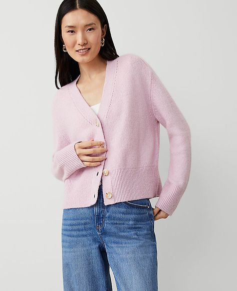 A layer to love, our V-neck cardigan refreshes in season-perfect color. V-neck. Long sleeves. Button front. Ribbed cuffs and hem.,Imported:Imported,Fit:Softly fitted,Length:20 3/4" long,Fabrication:76% Polyester, 22% Nylon, 2% Spandex,Garment Care:Machine Washable V-Neck Cardigan by Ann Taylor Size regular - Small Fragrant Lilac Women's Other, Long, Sleeve, Cardigan, Sweaters, 76%, Polyester, 22%, Nylon, 2%, Spandex, Machine, Washable Purple Cardigan Outfits, Light Purple Cardigan, Jewel Winter, Pink Cardigan Outfit, Latest Fall Fashion Trends, Lilac Cardigan, Female Sleeve, Thrift Inspo, Polished Casual