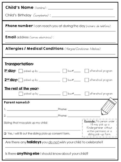 Student Info Sheet, Kindergarten Orientation, Transportation Form, Behavior Calendar, Kindergarten Classroom Management, Every Moment Matters, Student Info, Parent Night, First Day Of Kindergarten