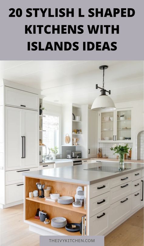 Modern L-shaped kitchen with island, open shelving, and pendant lighting. L Shaped Kitchens With Islands, Kitchen With Island Farmhouse, L Shaped Kitchens, Small L Shaped Kitchen, Kitchens With Islands, Greige Kitchen Cabinets, L Shape Kitchen Layout, Kitchen With Open Shelving, Greige Kitchen