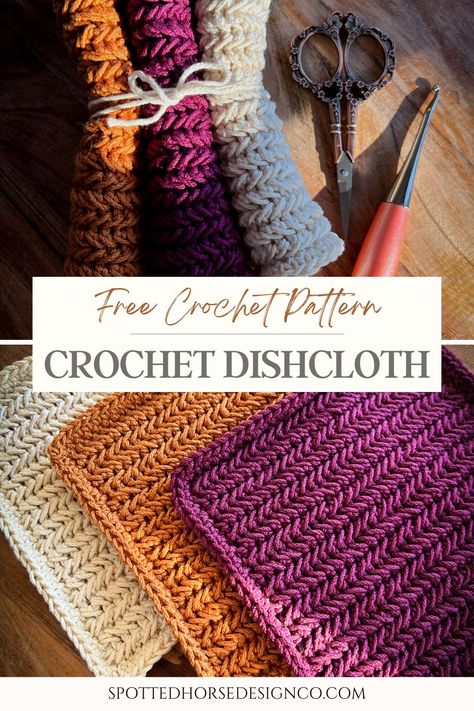 Free Crochet Washcloth Pattern - Spotted Horse Design Co. Crochet Napkins Patterns Free, Crocheted Dish Cloths Patterns Free, Crochet Pot Holders Pattern, Crochet Patterns For The Home, Super Saver Yarn Crochet Patterns, Crochet Hostess Gift Ideas, Crochet Everyday Items, Easy Washcloth Crochet Pattern, Dishrag Crochet Pattern