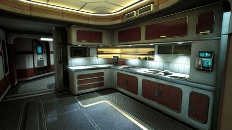 Sci Fi Kitchen, Sci Fi Apartment, Sci Fi Rooms, Sci Fi House, Cyberpunk Interior, Sci Fi Room, Scifi Interior, Sci Fi Props, Spaceship Interior